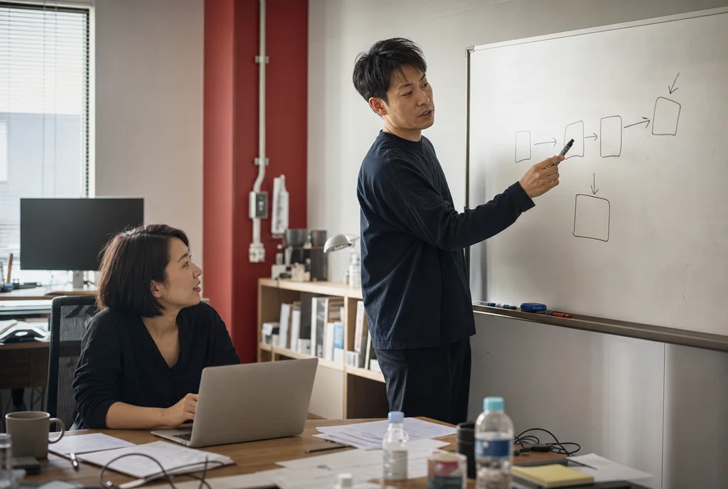 ホワイトボードで内製化を手ほどきする様子（イメージ）